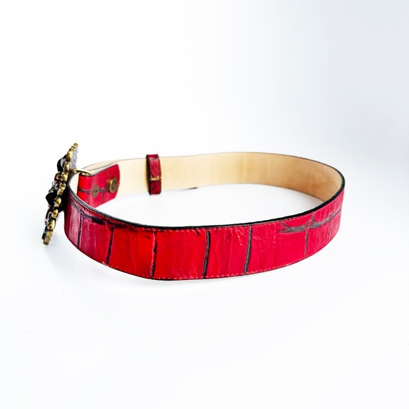 Leatherock Wide Belt Gem Embellished Buckle Red Croc Stamp Leather Strap Size 32